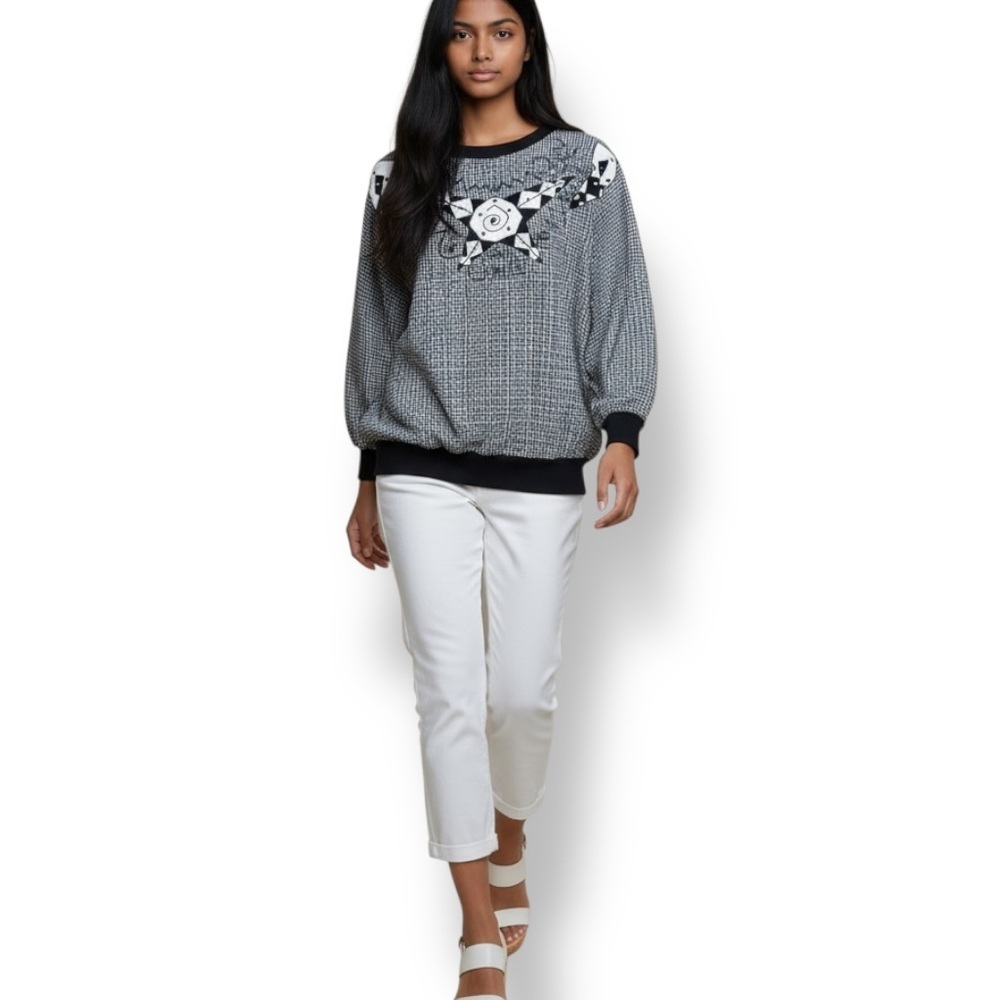 4/$20 Vintage Donna Toran Check Top Black White Embellished Dolman Sleeve Blouse - Picture 2 of 7